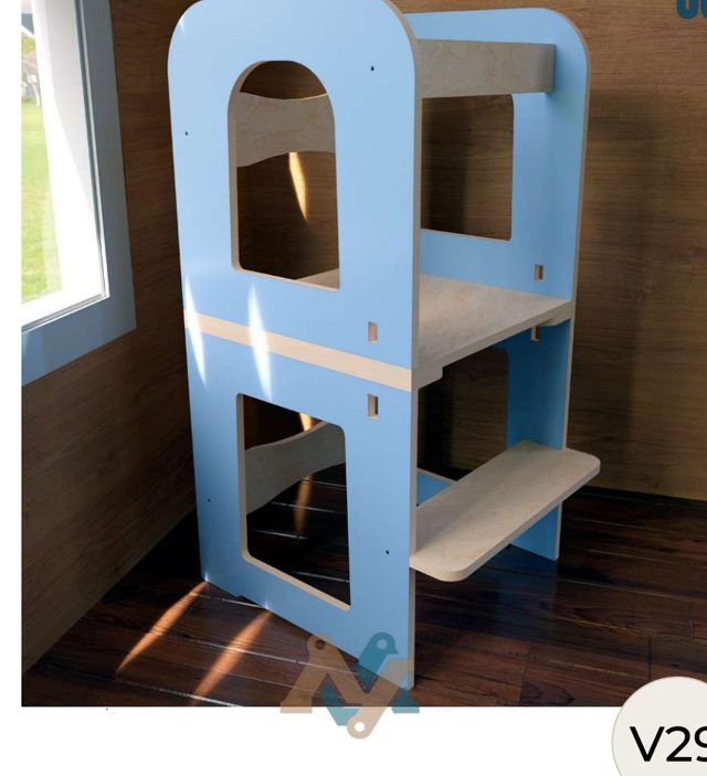 Torre de aprendizaje Montessori cortada en CNC — diseño V29